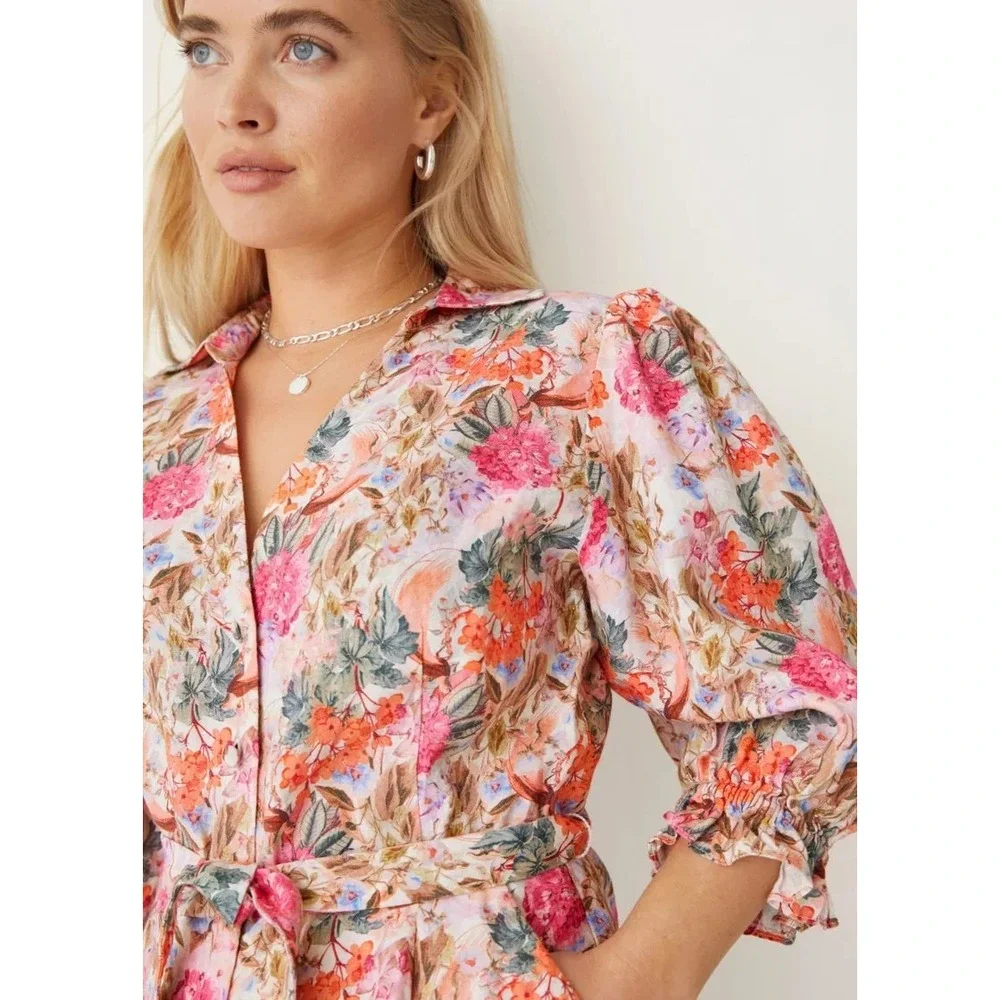 & Other Stories Pink Floral Linen Puff Sleeve Belted Romper Size 6 Casual Travel